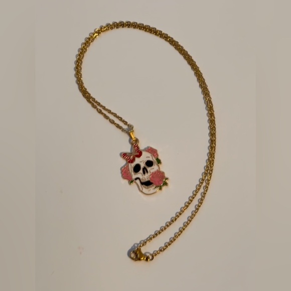 Skull Pendant Necklace Halloween Style Colorful Skull With Flowers - Picture 1 of 5